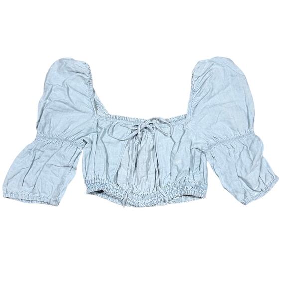 Zara Chambray Crop Top Puff Sleeve Shirt Denim Open Back Size Small Cottage - Picture 2 of 8